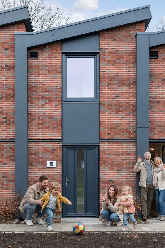Zie hier hoe plezierig het wonen is in modulaire woningbouw. StoVentec Modulite zorgt ervoor dat modulaire woningbouw eruit ziet als een normale woonwijk